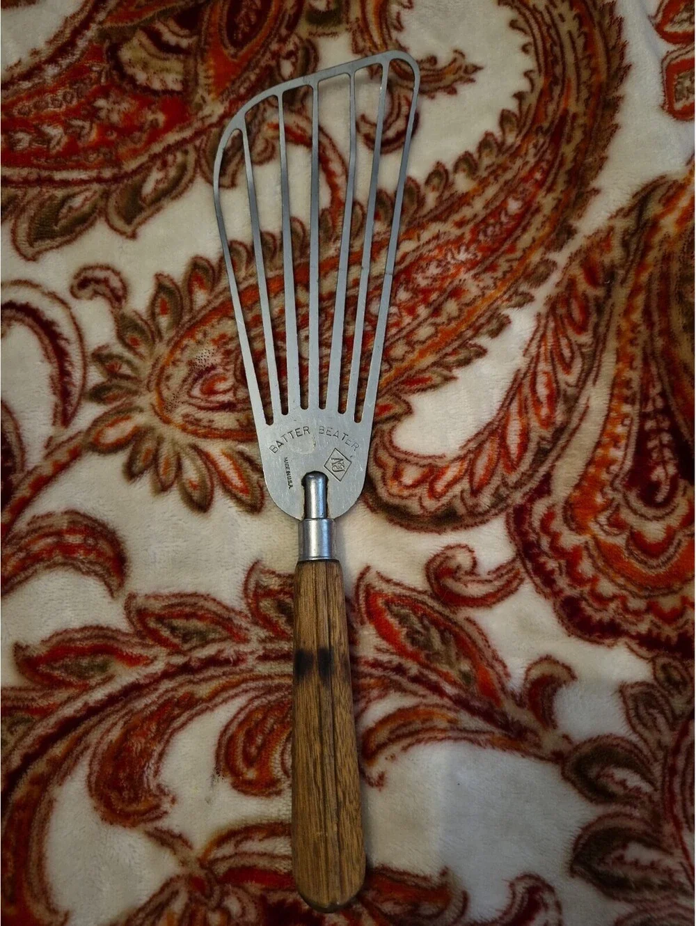 Vintage A &J Batter Beater - Curved - Slotted - Natural Wood Handle  -  USA